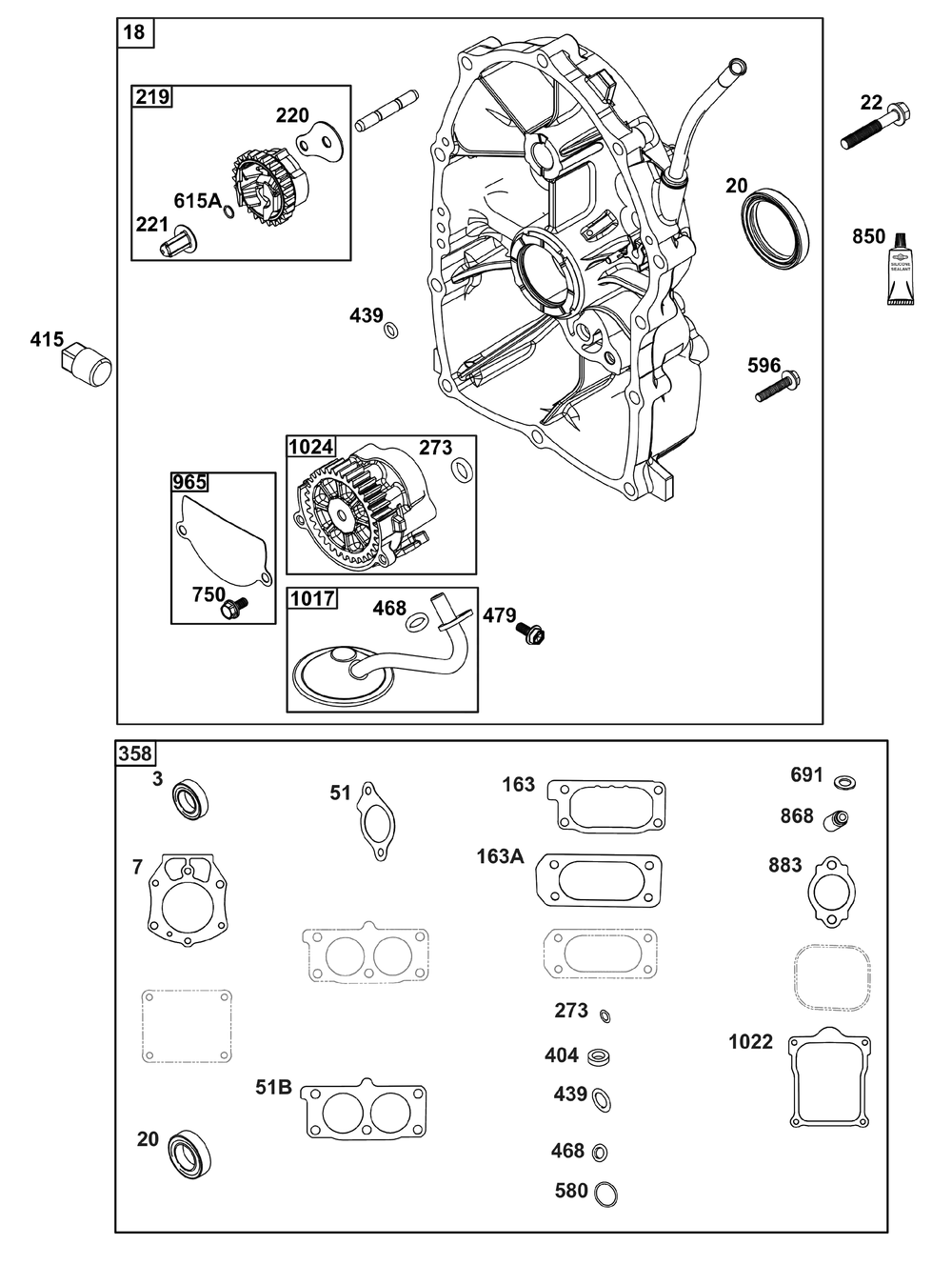 Crankcase Cover/Sump Group Diagram and Parts List for 613477-0255-J1 400000 - 699999 Briggs and Stratton Engine